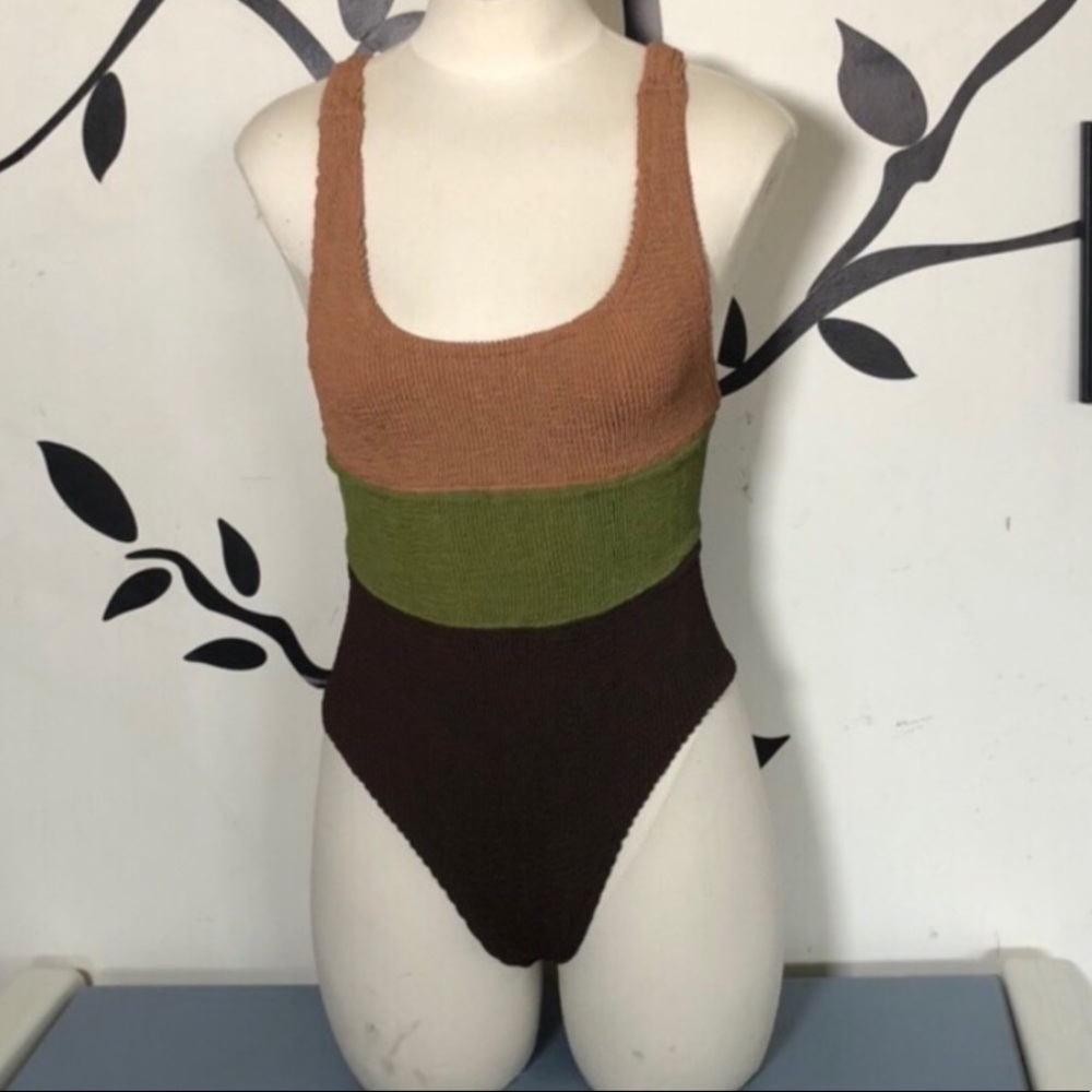 Hunza G Brown, Green, and Tan One Piece Swimsuit
